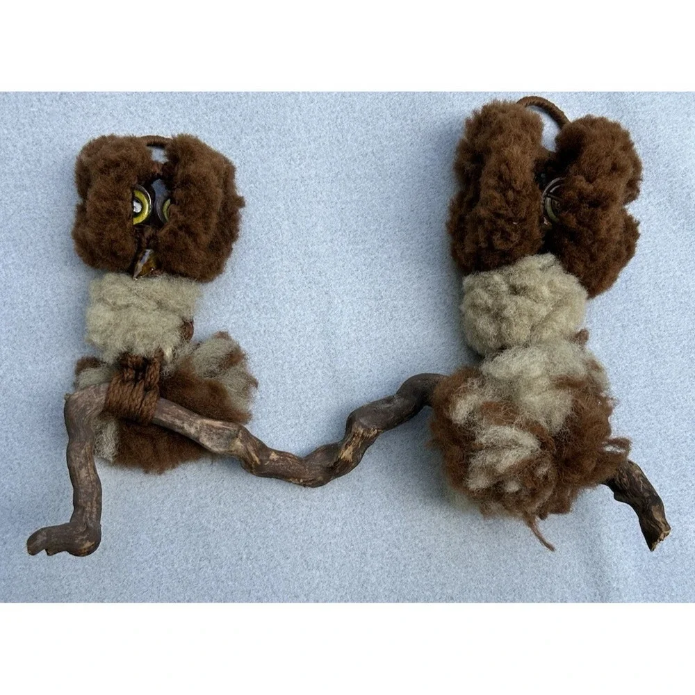 VTG Macrame Owls Perched on Wood Wall Hanging Wood Fluffy 70's MCM Brown